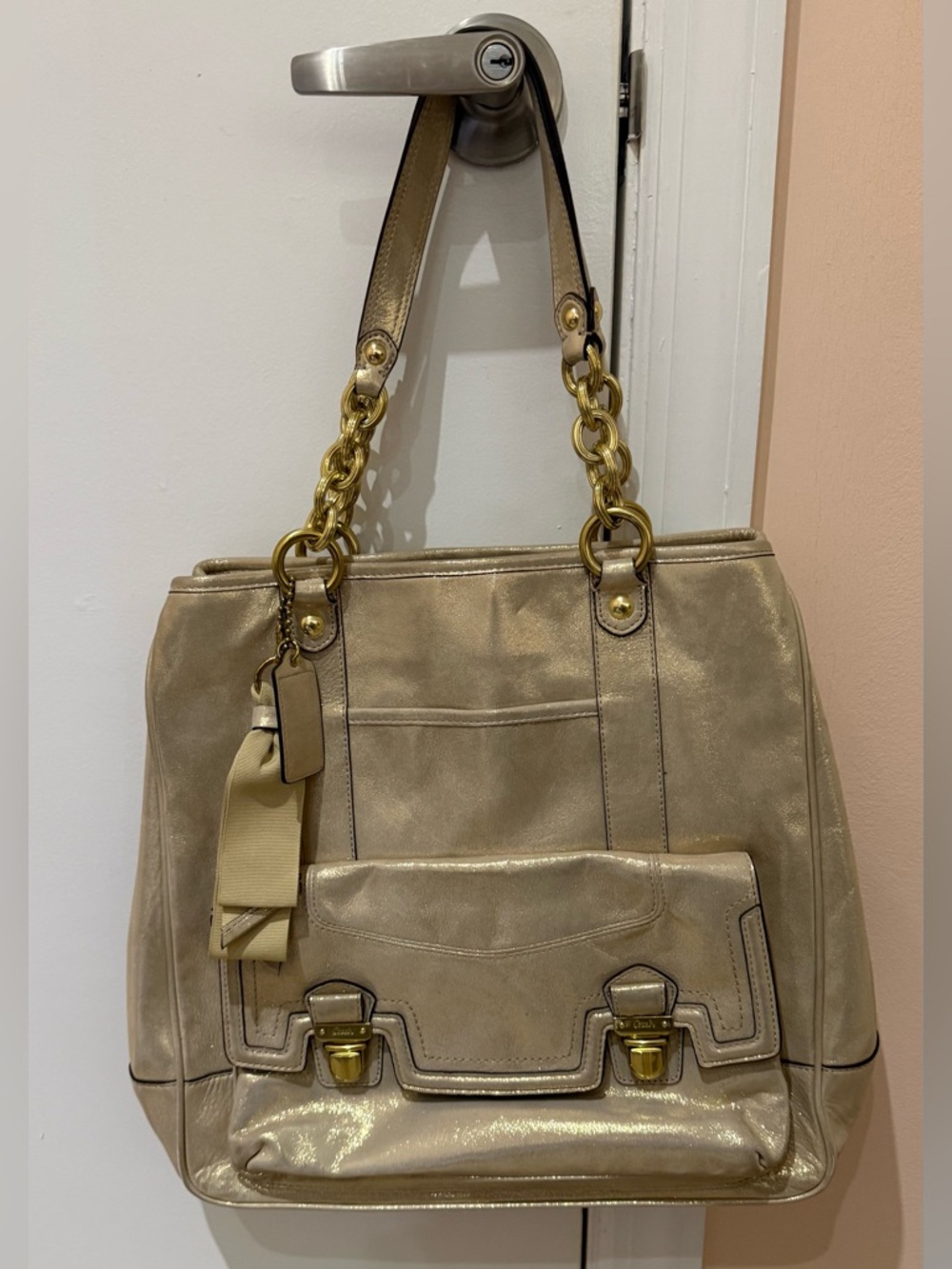 Coach Poppy Pushlock Metallic Gold Leather Tote with Chain Handles